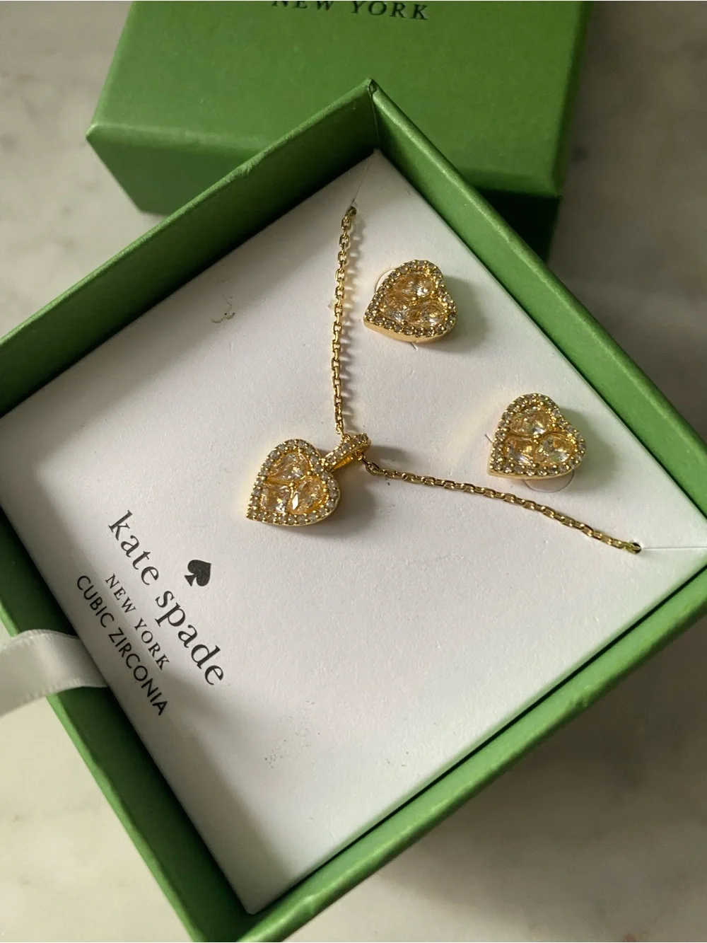 Kate Spade “Spell It Out” Gold/clear Heart Shaped Necklace And Earring Set New